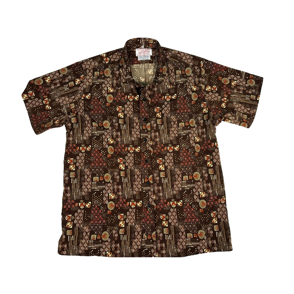 Vintage Thai Silk Shirt XL Brown Geometric Print Made in Thailand